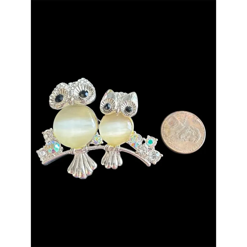 Vtg 1990 Napier Classic Jelly Belly Two Owls On A Branch Brooch Crystal Sparkle